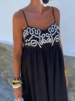 COMMENSE Embroidered Shirred Spaghetti Strap Long Dress* Black Dresses|Vacation Dresses