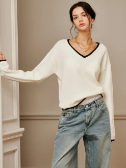 COMMENSE Embroidered Trim Draped Shoulder Knit Top* Sweater Tops|Sweaters & Cardigans