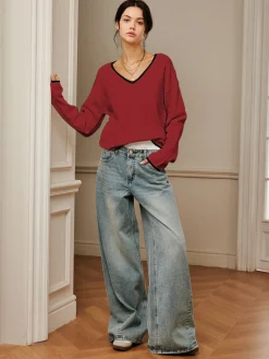 COMMENSE Embroidered Trim Draped Shoulder Knit Top* Sweater Tops|Sweaters & Cardigans