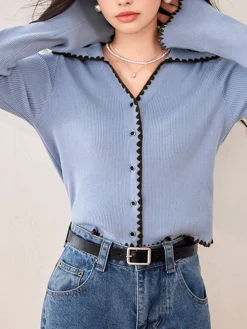 COMMENSE Embroidered Trim Lapel Cardigan* Cardigans|Sweaters & Cardigans