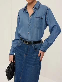 COMMENSE Embroidered Trim Lapel Denim Shirt* Blouses & Shirts|Denim