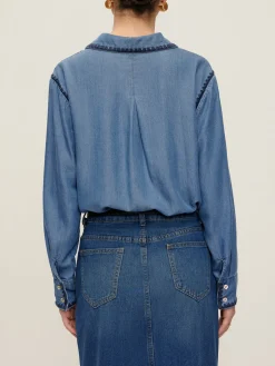 COMMENSE Embroidered Trim Lapel Denim Shirt* Blouses & Shirts|Denim