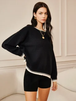 COMMENSE Embroidered Trim Loose Knit Top* Sweater Tops|Long Sleeve Sets