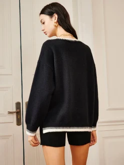 COMMENSE Embroidered Trim Loose Knit Top* Sweater Tops|Long Sleeve Sets