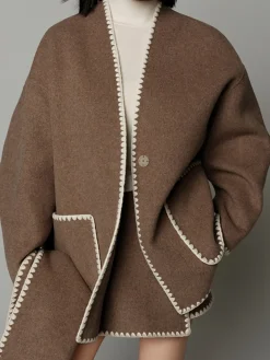 COMMENSE Embroidered Trim Tweed Coat With Scarf* Outerwear|Coats