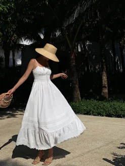 COMMENSE Embroidery Shift Shirred Long Dress* White Dresses|Casual Dresses