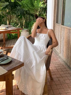 COMMENSE Embroidery Shift Shirred Long Dress* White Dresses|Casual Dresses