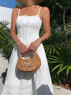 COMMENSE Embroidery Shift Shirred Long Dress* White Dresses|Casual Dresses
