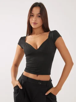 COMMENSE Everyday Cap Sleeve Crop Shirt* Sweater Tops|Crop Tops