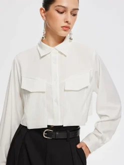 COMMENSE Fair And Square Collared Crop Shirt* Crop Tops|Blouses & Shirts