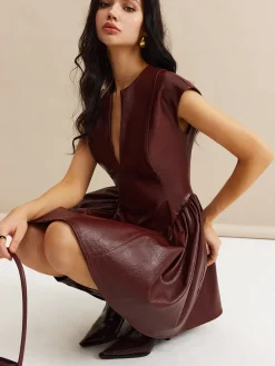 COMMENSE Faux Leather Panel Pleated Dress* Casual Dresses|Work Dresses