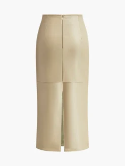 COMMENSE Faux Leather Piping Sit Midi Skirt* Skirts|Bottoms