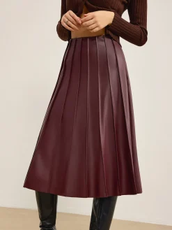 COMMENSE Faux Leather Pleated Midi Skirt* Skirts|Bottoms