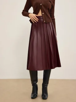 COMMENSE Faux Leather Pleated Midi Skirt* Skirts|Bottoms