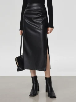 COMMENSE Faux Leather Ruched Slit Midi Skirt* Skirts|Bottoms