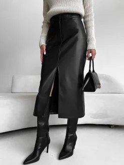 COMMENSE Faux Leather Slit Midi Skirt* Skirts|Bottoms