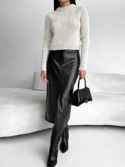 COMMENSE Faux Leather Slit Midi Skirt* Skirts|Bottoms