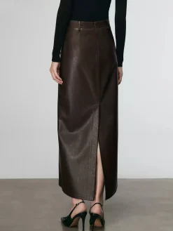 COMMENSE Faux Leather Split Midi Skirt* Skirts|Bottoms
