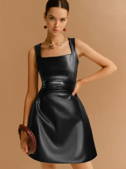 COMMENSE Faux Leather Zipper Strappy Dress* Black Dresses|Casual Dresses