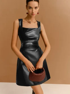 COMMENSE Faux Leather Zipper Strappy Dress* Casual Dresses|Work Dresses