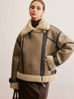 COMMENSE Faux Leather Zipper Teddy Coat* Outerwear|Coats