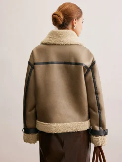 COMMENSE Faux Leather Zipper Teddy Coat* Outerwear|Coats