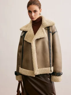 COMMENSE Faux Leather Zipper Teddy Coat* Outerwear|Coats