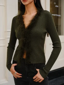 COMMENSE Feather Trim Wool-Blend Slim Sweater* Sweater Tops|Sweaters & Cardigans