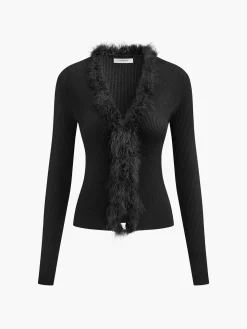 COMMENSE Feather Trim Wool-Blend Slim Sweater* Sweater Tops|Sweaters & Cardigans