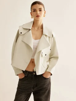 COMMENSE Flap-Pocket Faux Leather Jacket* Outerwear|Jackets