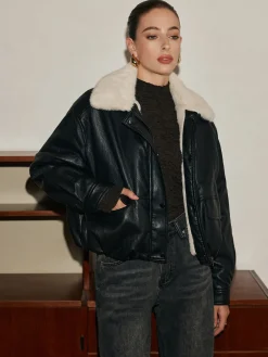 COMMENSE Fleece Lined Faux Leather Zipper Coat* Outerwear|Coats