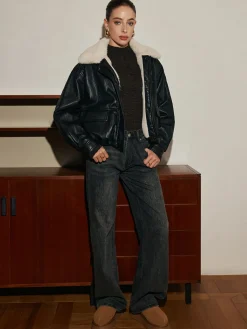 COMMENSE Fleece Lined Faux Leather Zipper Coat* Outerwear|Coats