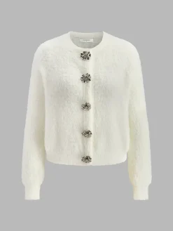 COMMENSE Floral Button Fuzzy Cardigan* Cardigans|Sweaters & Cardigans