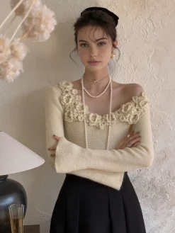 COMMENSE Floral Collar Ribbed Knit Top* Sweater Tops|Sweaters & Cardigans