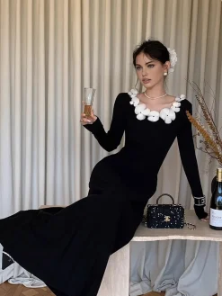 COMMENSE Floral Decor Pleated Sweater Dress* Black Dresses|Sweater Dresses