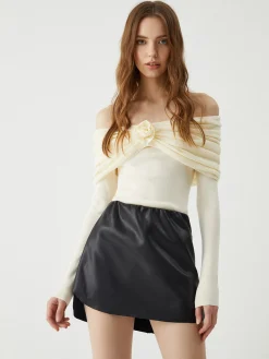 COMMENSE Floral Detail Overfold Off-Shoulder Knit Top* Sweater Tops|Sweaters & Cardigans