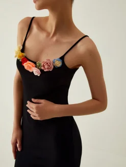 COMMENSE Floral Detail Slim Midi Dress* Black Dresses|Floral Dresses