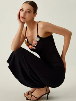 COMMENSE Floral Detail Slim Midi Dress* Black Dresses|Floral Dresses