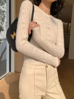 COMMENSE Floral Hollow Knit Crew Neck Long Sleeve Top* T-shirts|Knitwear