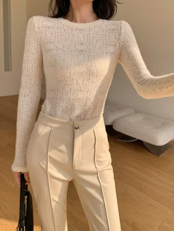 COMMENSE Floral Hollow Knit Crew Neck Long Sleeve Top* T-shirts|Knitwear