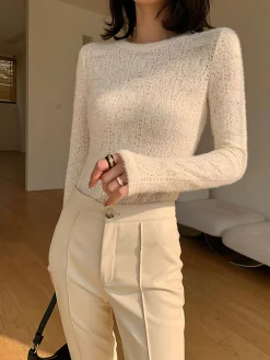 COMMENSE Floral Hollow Knit Crew Neck Long Sleeve Top* T-shirts|Knitwear