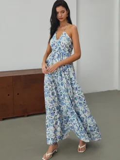 COMMENSE Floral Print Halter Long Dress* Floral Dresses|Vacation Dresses