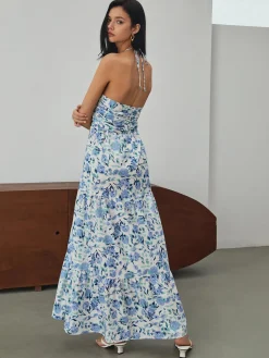 COMMENSE Floral Print Halter Long Dress* Floral Dresses|Vacation Dresses