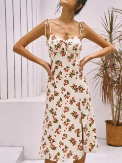 COMMENSE Floral Print Knotted Cami Short Dress* White Dresses|Casual Dresses