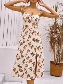 COMMENSE Floral Print Knotted Cami Short Dress* White Dresses|Casual Dresses