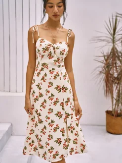 COMMENSE Floral Print Knotted Cami Short Dress* White Dresses|Casual Dresses