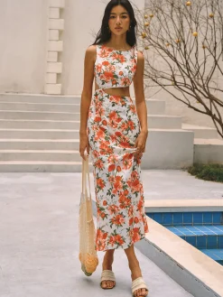 COMMENSE Floral Print Knotted Cutout Split Long Dress* Casual Dresses|Floral Dresses