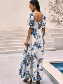 COMMENSE Floral Print Puff Sleeve Long Dress* Casual Dresses|Floral Dresses