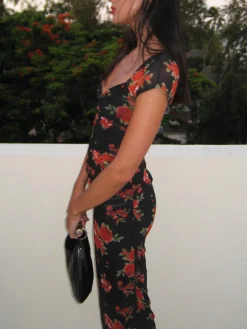 COMMENSE Floral Print Ruched Side Midi Dress* Black Dresses|Casual Dresses