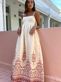 COMMENSE Floral Print Spaghetti Strap Long Dress* White Dresses|Casual Dresses